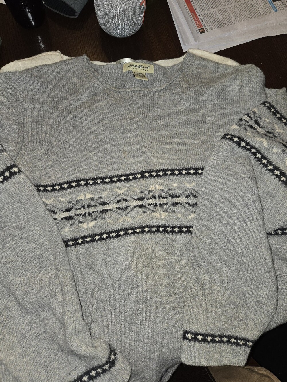 Eddie Bauer Gray Fair Isle Crewneck Sweater with Black & Cream Pattern